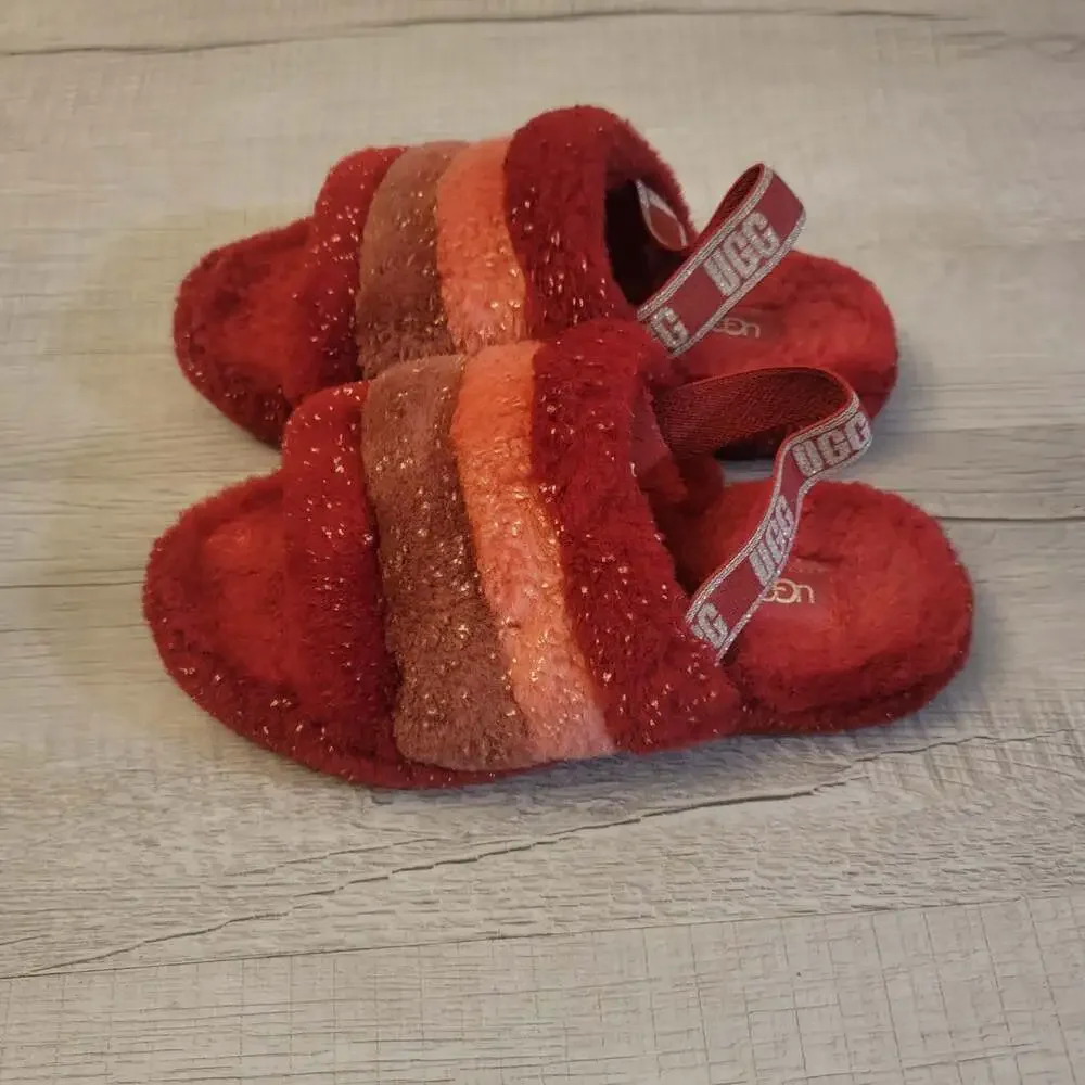 UGG Girls Fluff Yeah Metallic Sparkle Slippers in Red Multi